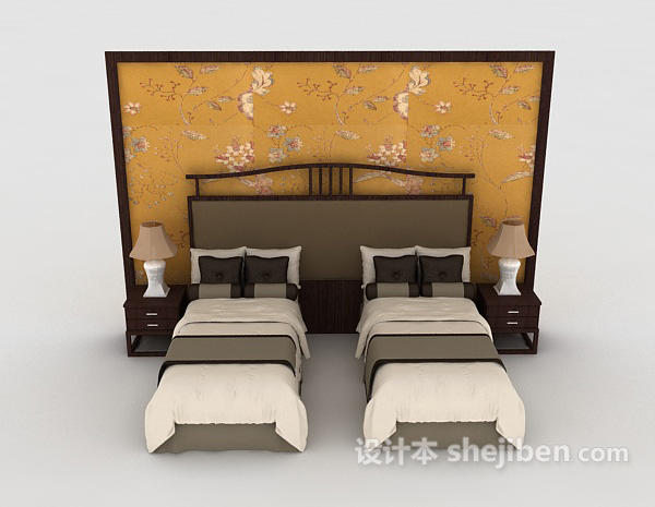 中式风格新中式风格实木单人床3d模型下载