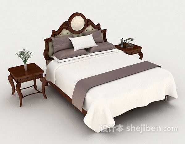免费新中式木质白色双人床3d模型下载