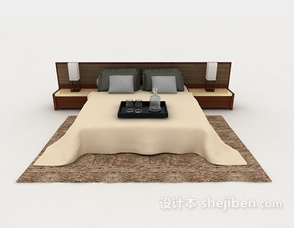 现代风格家居简约棕色木质双人床3d模型下载