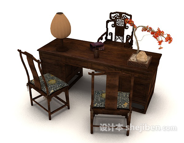 设计本中式木质书桌椅子3d模型下载