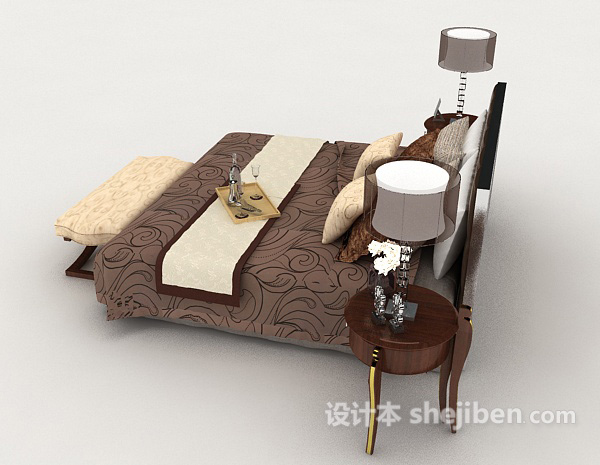 设计本家居棕色木质双人床3d模型下载