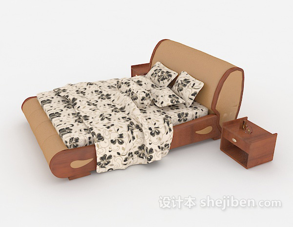 设计本家居木质花纹双人床3d模型下载