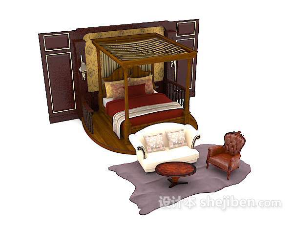 欧式风格木质棕色家居双人床3d模型下载
