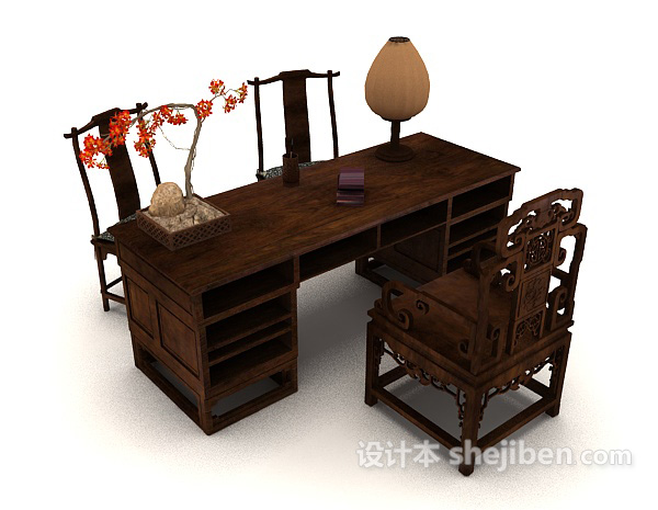 中式木质书桌椅子3d模型下载