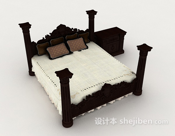 免费新中式深棕色实木双人床3d模型下载