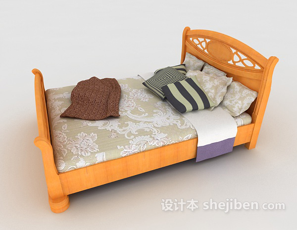 设计本黄色木质双人床3d模型下载