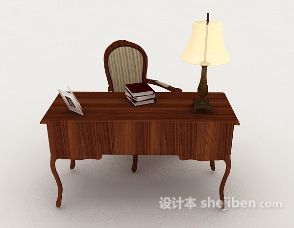 设计本中式复古木质书桌椅子3d模型下载