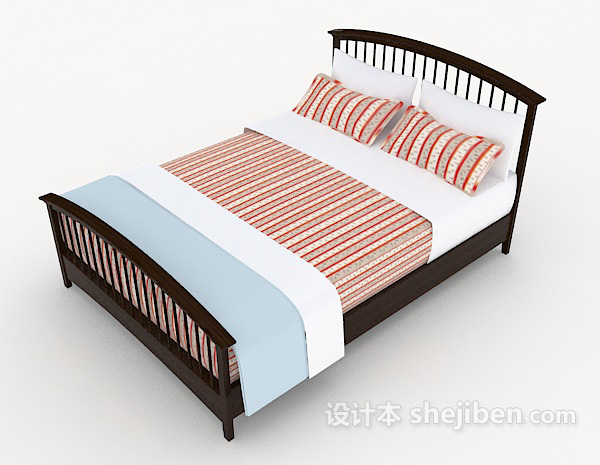 免费田园木质条纹双人床3d模型下载