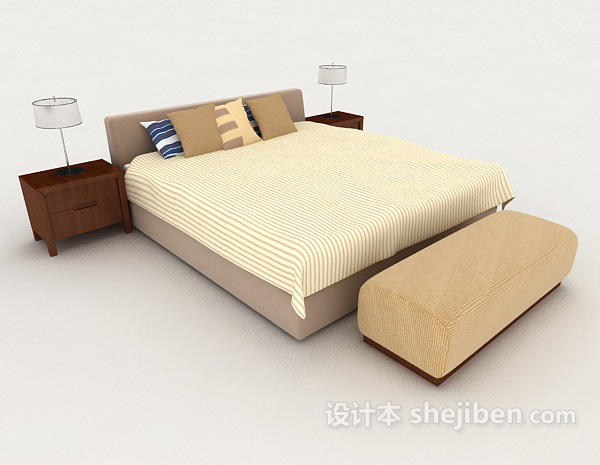 免费现代家居简单暖黄色双人床3d模型下载