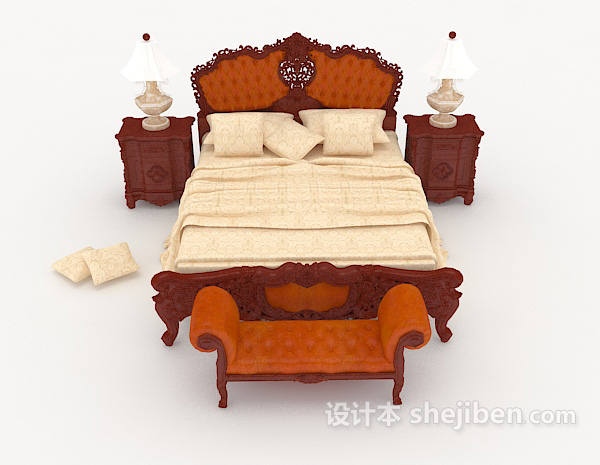 中式风格中式木质棕色家居双人床3d模型下载