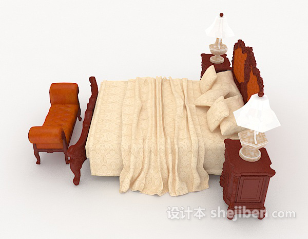 设计本中式木质棕色家居双人床3d模型下载