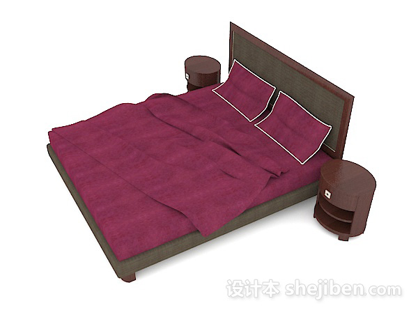 免费中式复古紫色双人床3d模型下载
