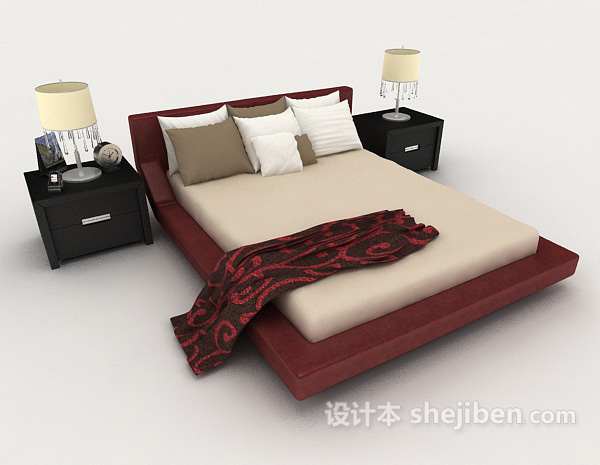免费红色家居简单双人床3d模型下载
