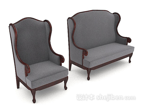 简欧风格灰色多人沙发3d模型下载