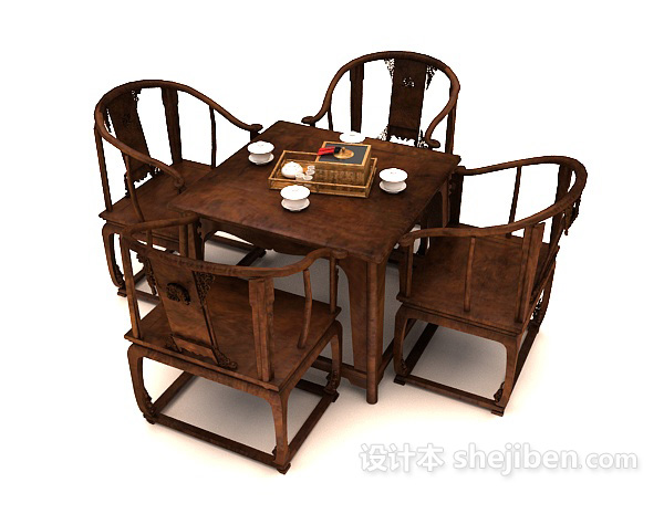 中式组合桌椅3d模型下载
