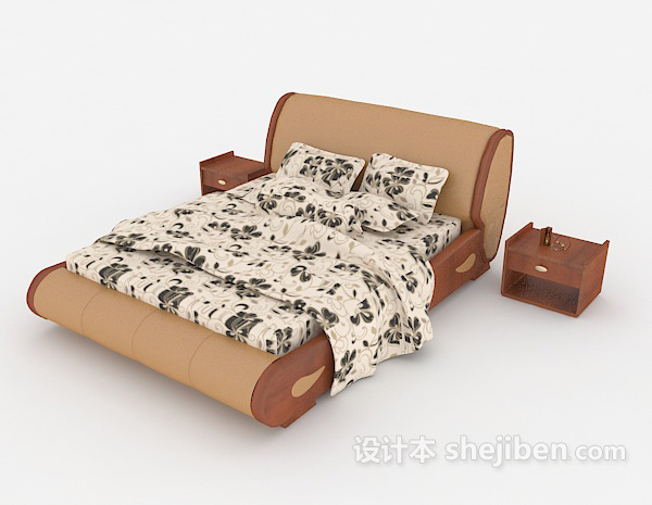 免费家居木质花纹双人床3d模型下载