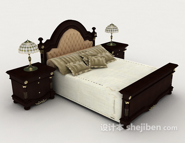 设计本家居木质简单棕色双人床3d模型下载