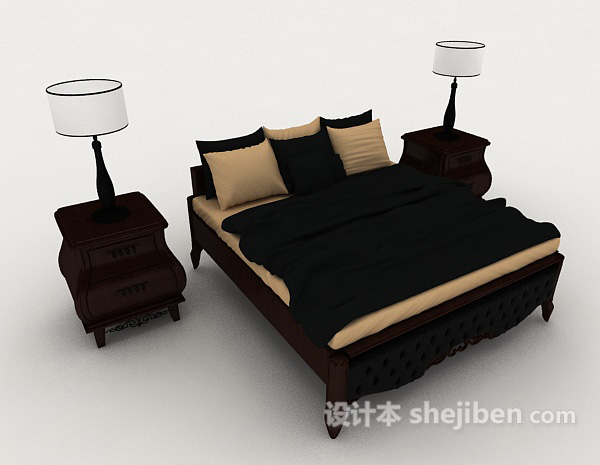 免费欧式黑色木质床3d模型下载