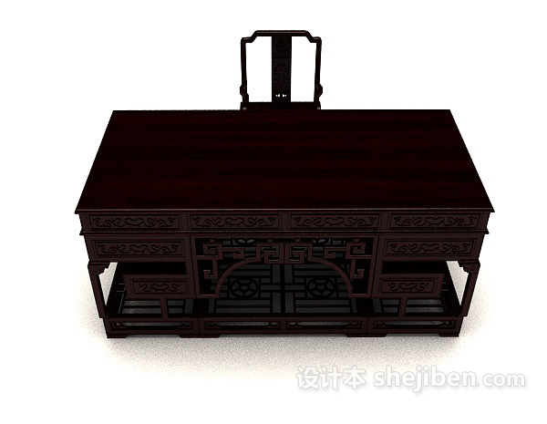 中式风格中式雕花书桌椅3d模型下载