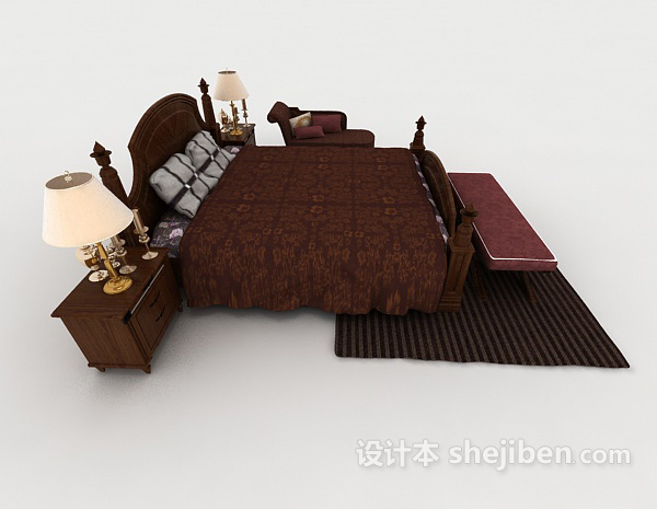 设计本新中式棕色木质双人床3d模型下载