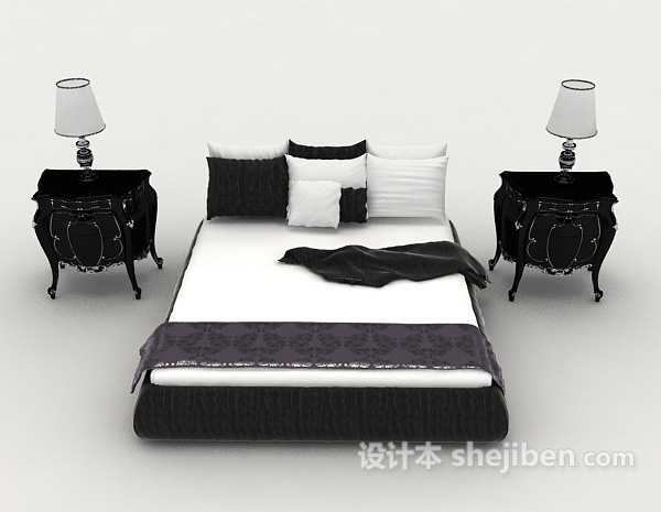 欧式风格欧式简约黑白双人床3d模型下载