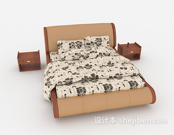 家居木质花纹双人床3d模型下载