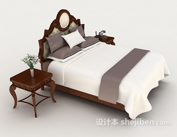 设计本新中式木质白色双人床3d模型下载