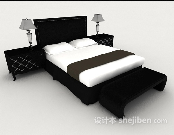 免费简欧商务黑白双人床3d模型下载