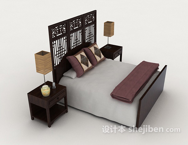 设计本中式木质家居双人床3d模型下载