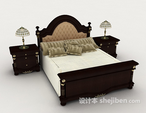 现代风格家居木质简单棕色双人床3d模型下载