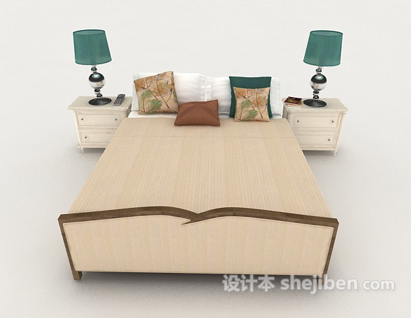 现代风格浅棕色木质双人床3d模型下载