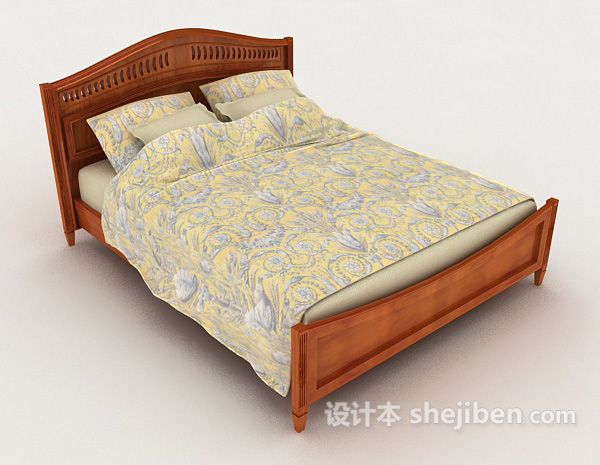 简单木质家居黄色双人床3d模型下载