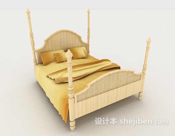 免费欧式黄色双人床3d模型下载