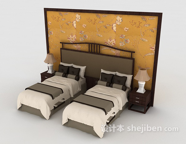免费新中式风格实木单人床3d模型下载