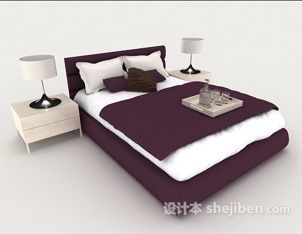 免费商务紫色简约双人床3d模型下载