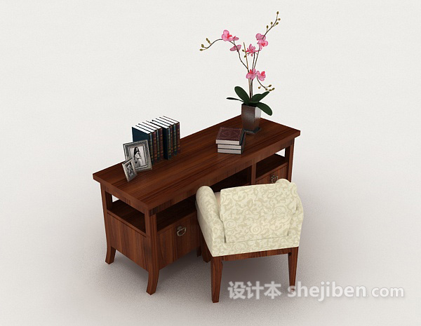 中式简约木质桌椅组合3d模型下载