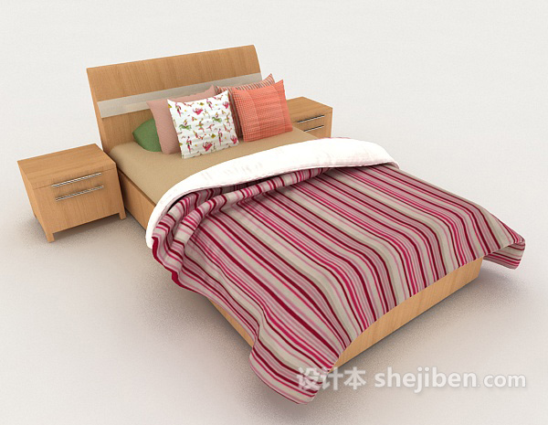 简单木质红色条纹双人床3d模型下载