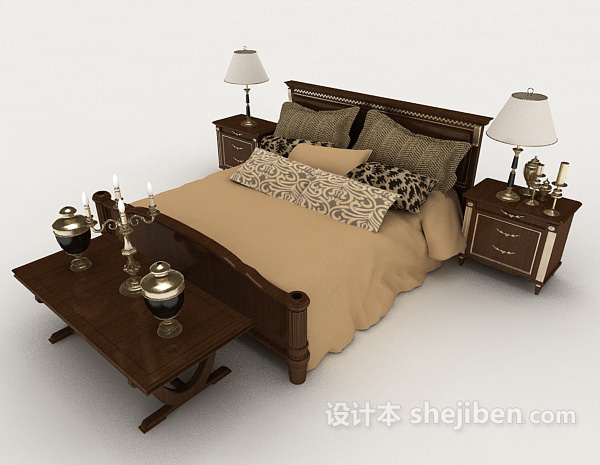 新中式复古木质双人床3d模型下载