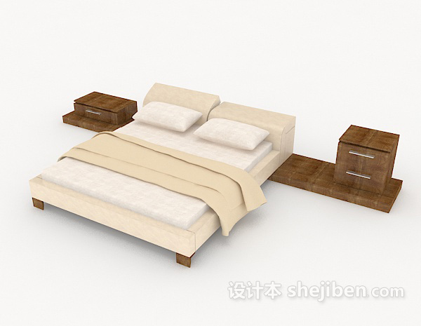 免费木质家居米白色双人床3d模型下载