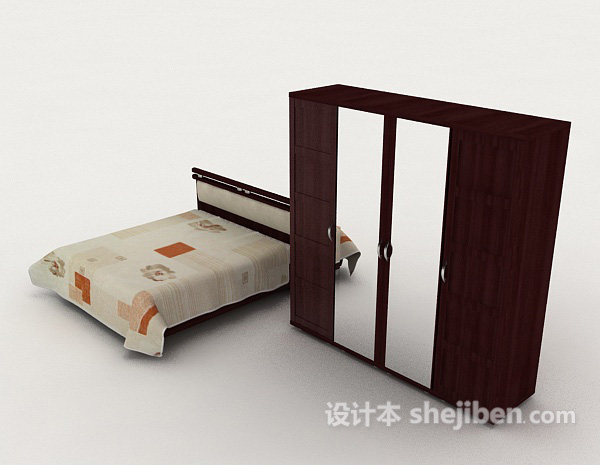 免费现代家居木质简约双人床3d模型下载