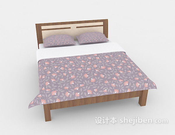 现代风格现代简约紫色花纹双人床3d模型下载