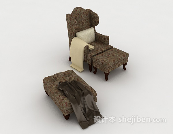 欧式花纹棕色单人沙发3d模型下载
