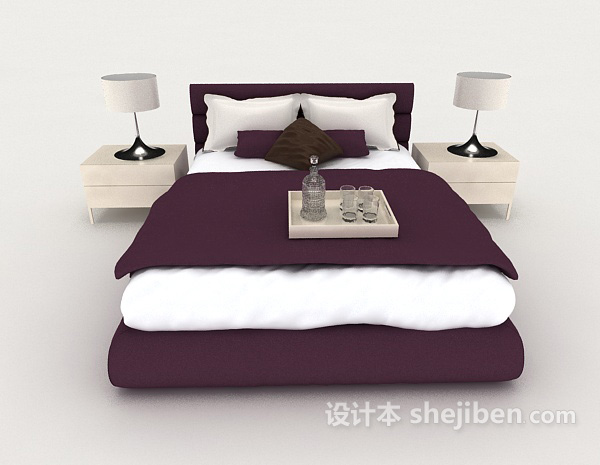 现代风格商务紫色简约双人床3d模型下载