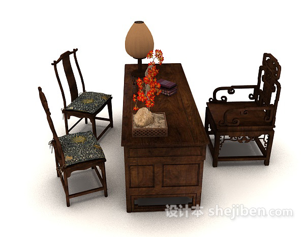 中式风格中式木质书桌椅子3d模型下载