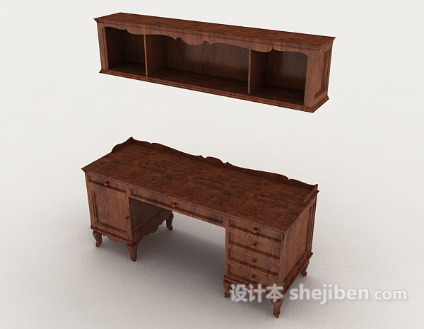 免费中式实木书桌柜3d模型下载