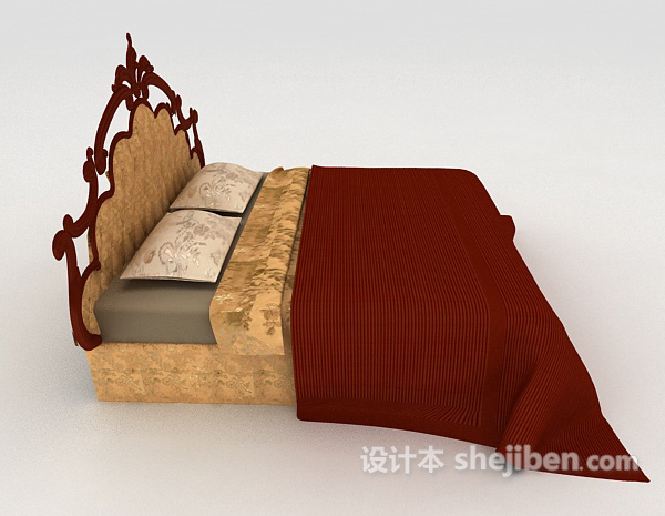 设计本东南亚木质双人床3d模型下载
