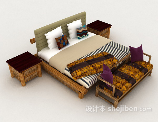 东南亚个性家居双人床3d模型下载