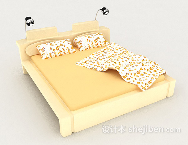 免费暖黄色花纹双人床3d模型下载