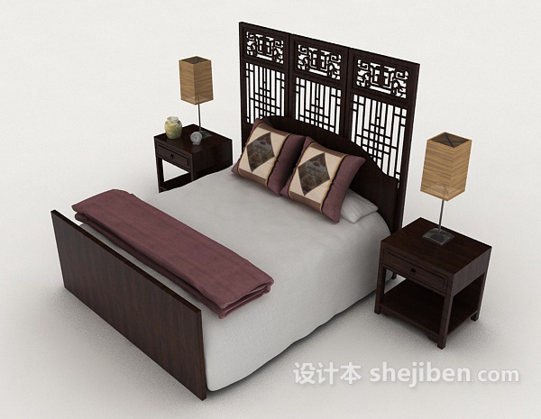 中式木质家居双人床3d模型下载