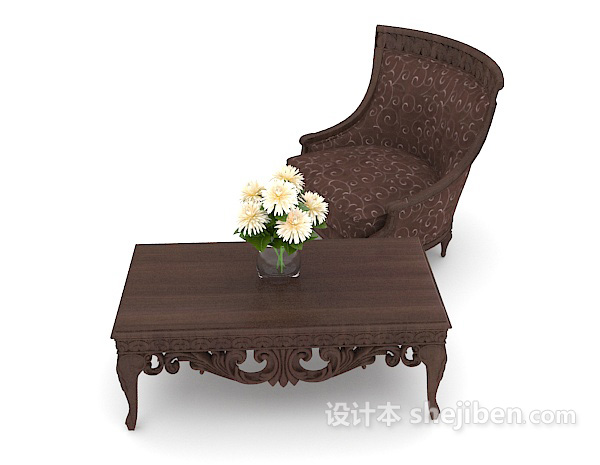 设计本中式木质复古桌椅组合3d模型下载